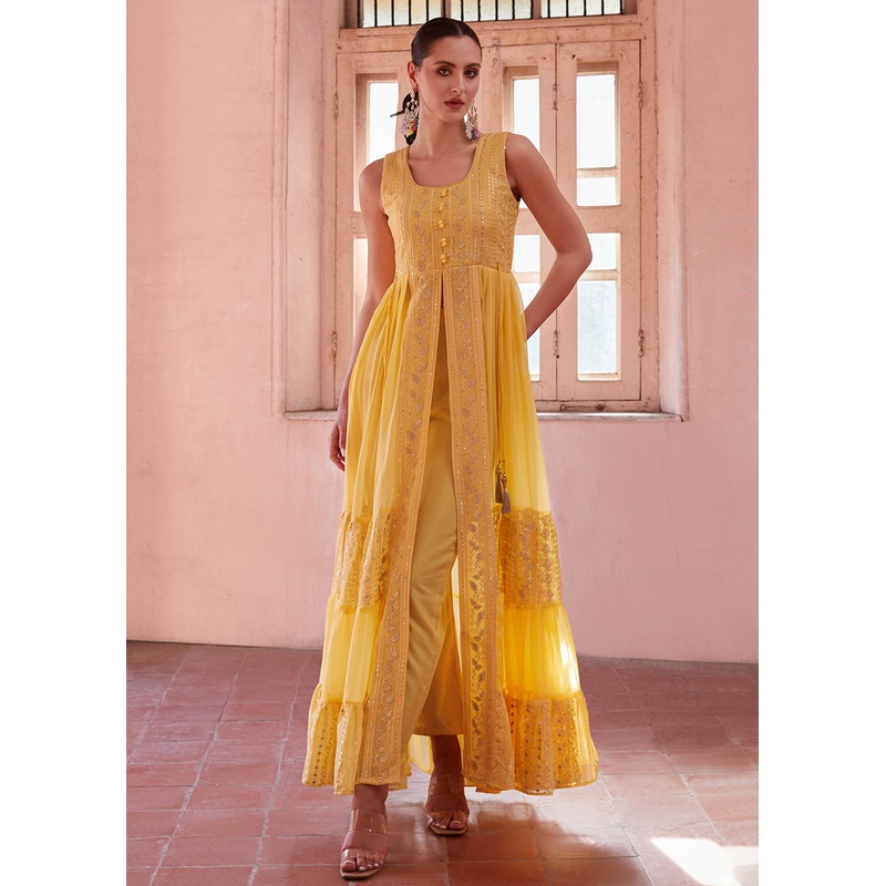 Yellow Front Slit Style Pant Style Party Wear Suit