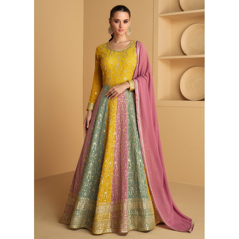 Yellow & Multicolor Embroidered Wedding Style Anarkali Suit