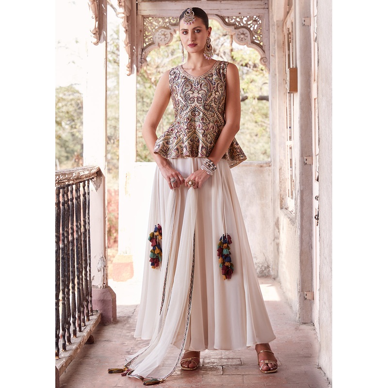 Austonishing Off White Georgette Peplum Style Sharara Suit