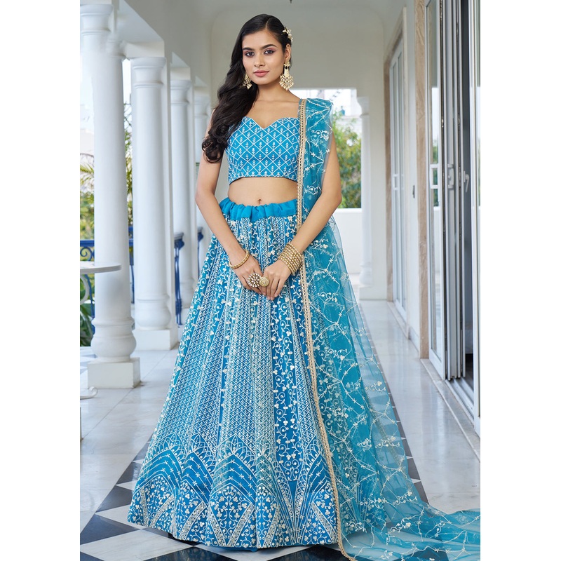 Azure Blue Designer Embroidered Wedding Lehenga Choli