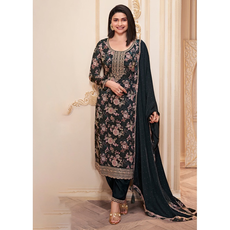 Black Digital Printed Chinnon Festive Salwar Kameez