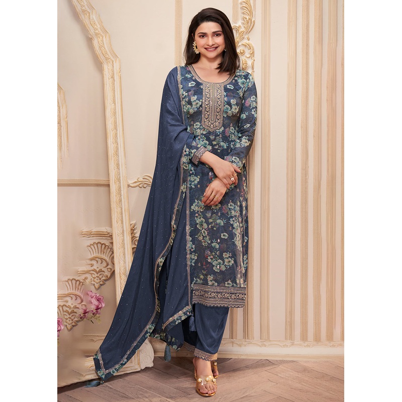 Blue Digital Printed Chinnon Festive Salwar Kameez