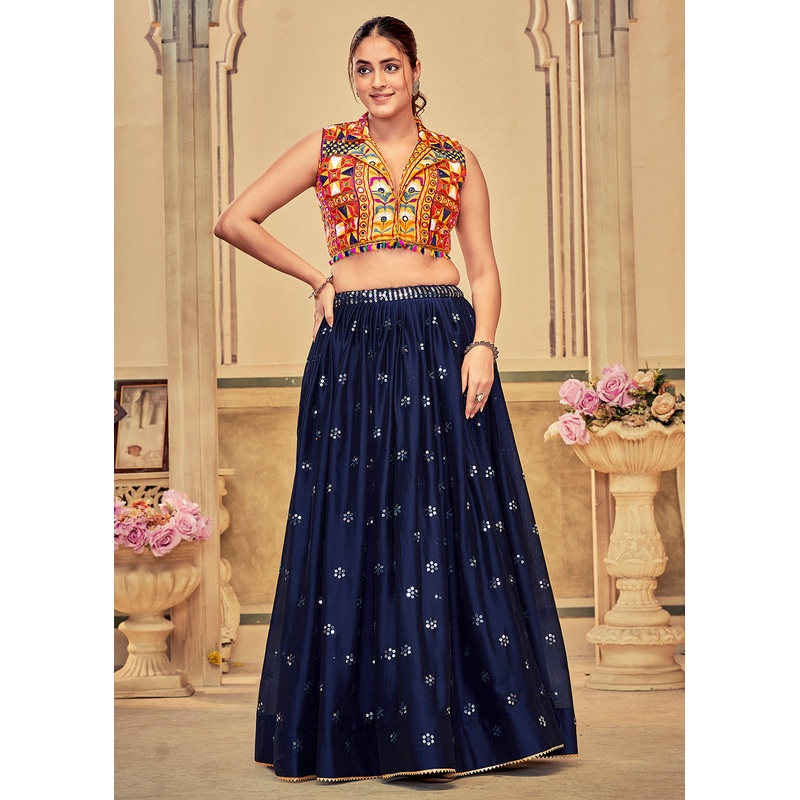 Blue Gamthi Work Silk Navratri Special Chaniya Choli