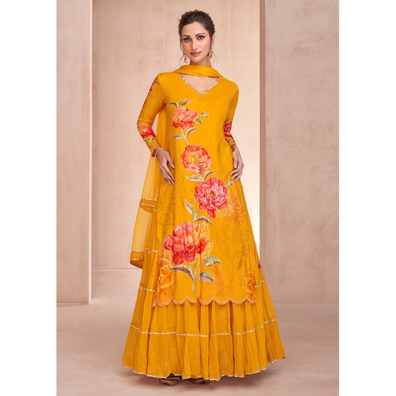 Bright Mustard Pure Muslin Embroidered Lehenga Skirt Suit