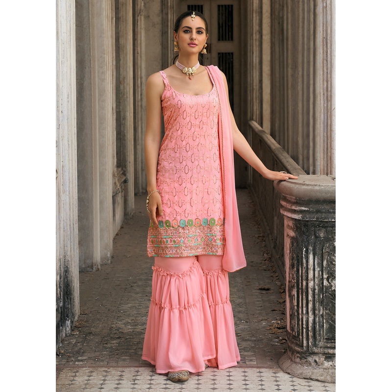 Coral Pink Faux Georgette Festive Gharara Style Suit