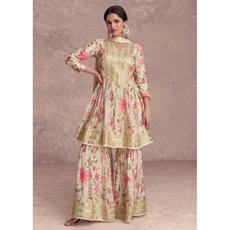 Cream Embroidered & Digital Printed Festive Gharara Suit