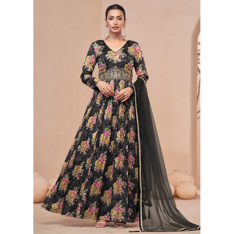 Digital Printed Black Embroidered Wedding Anarkali Gown