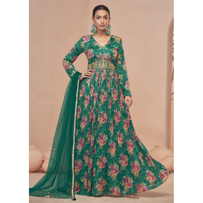 Digital Printed Green Embroidered Wedding Anarkali Gown