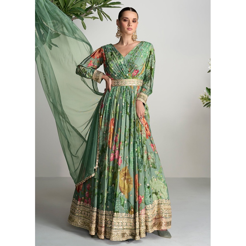 Digital Printed & Mirror Embroidered Anarkali Gown in Green