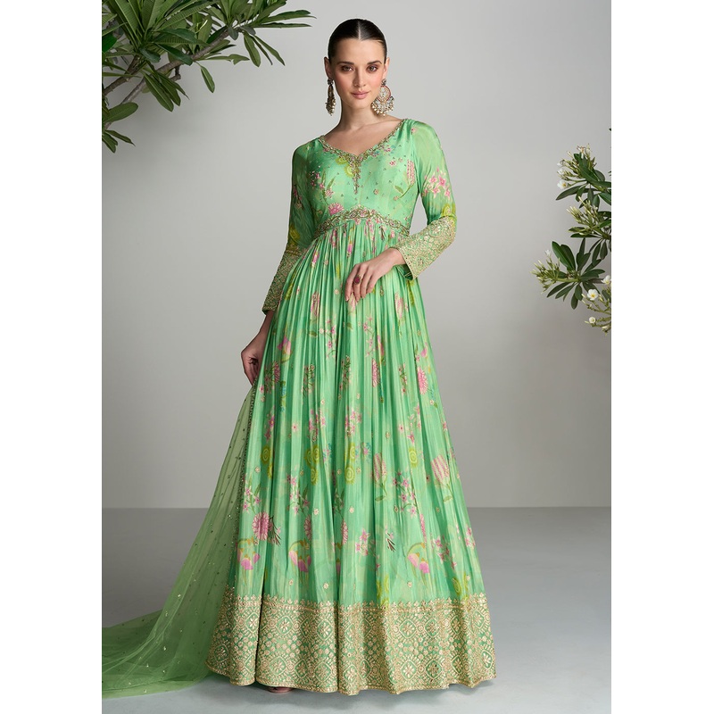 Digital Printed & Mirror Embroidered Anarkali Gown in Light Green