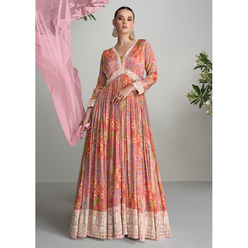 Digital Printed & Mirror Embroidered Anarkali Gown in Multicolor