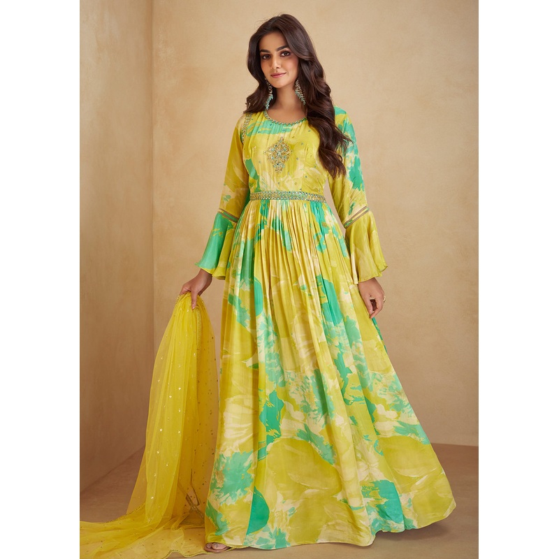 Digital Printed & Mirror Embroidered Anarkali Gown in Yellow