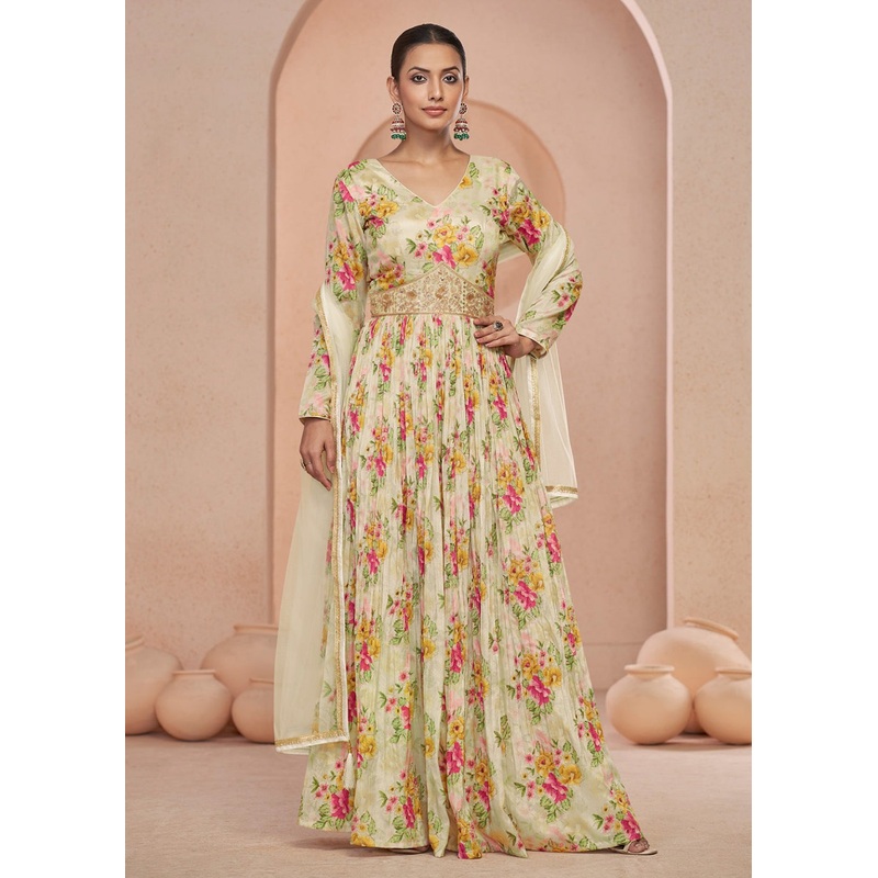 Digital Printed Off White Embroidered Wedding Anarkali Gown