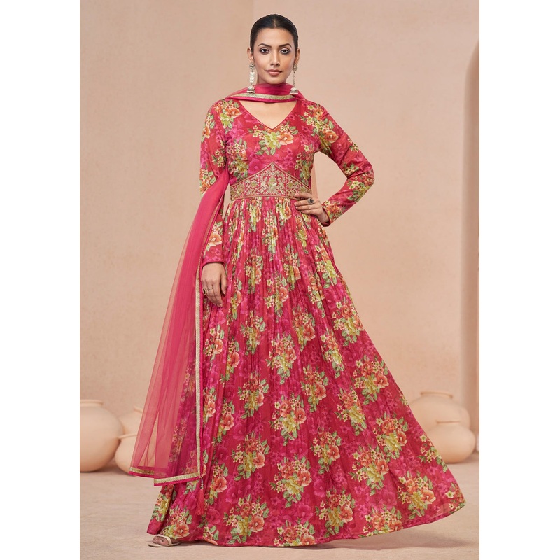 Digital Printed Pink Embroidered Wedding Anarkali Gown