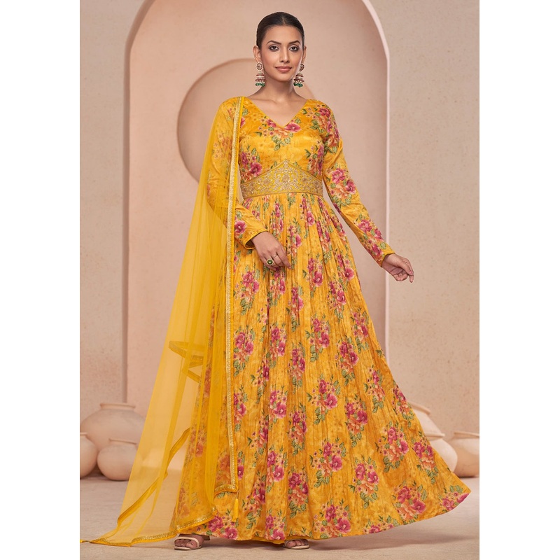Digital Printed Yellow Embroidered Wedding Anarkali Gown