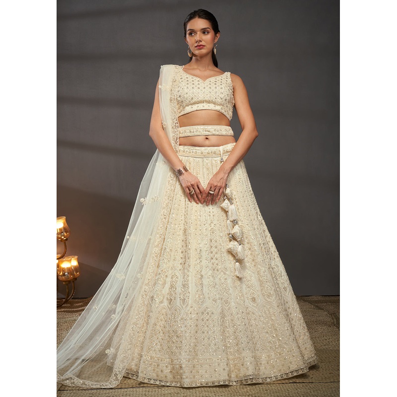 Embroidered Heavy Net Cream Designer Lehenga Choli