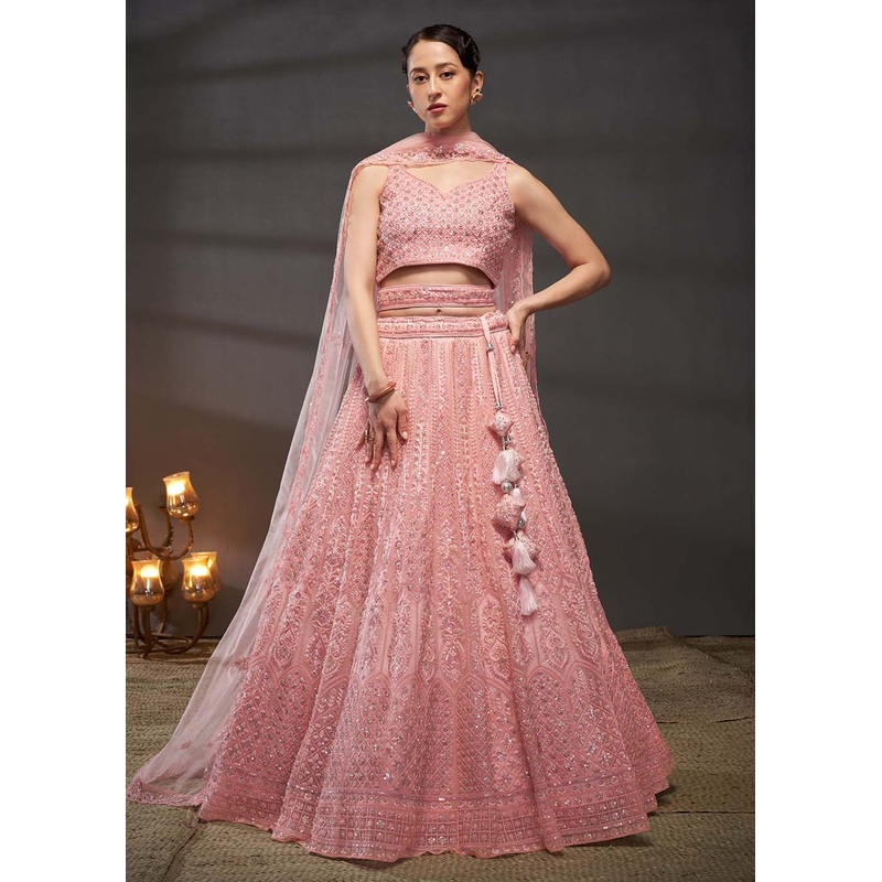 Embroidered Heavy Net Pink Designer Lehenga Choli
