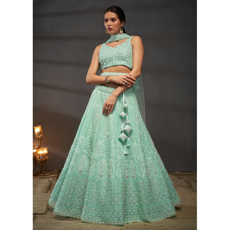 Embroidered Heavy Net Turquoise Designer Lehenga Choli