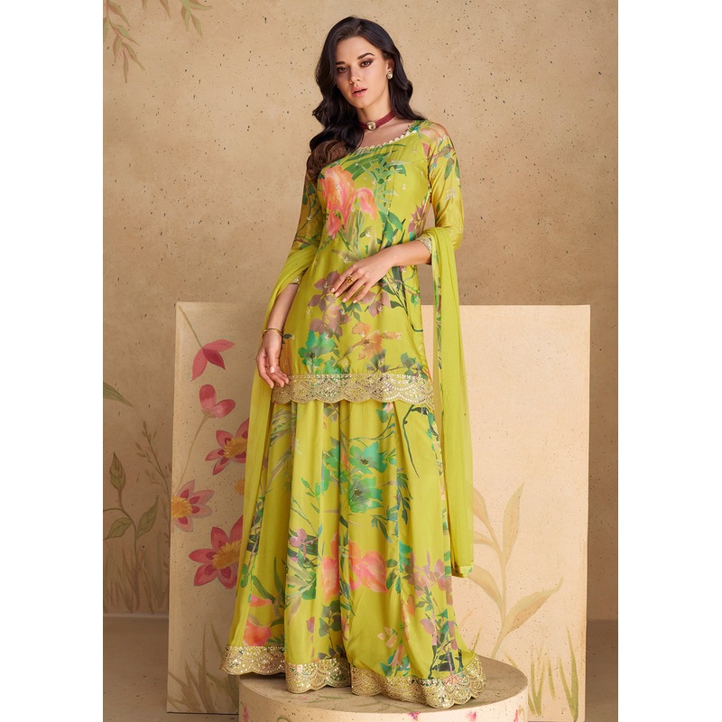 Festive Party Green Real Chinnon Silk Palazzo Suit