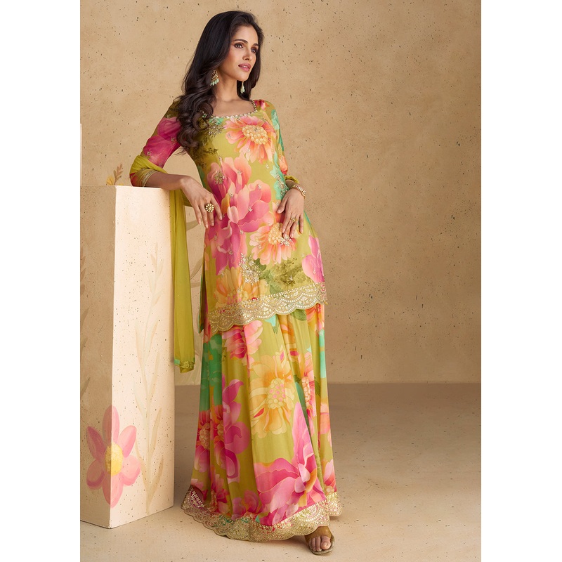 Festive Party Multicolor Real Chinnon Silk Palazzo Suit