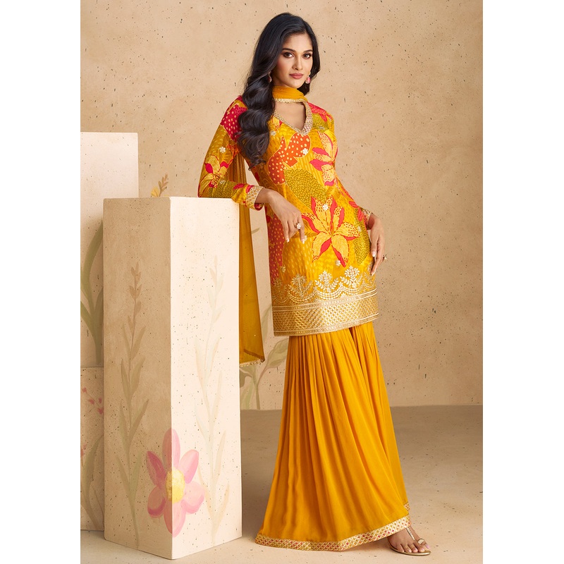 Festive Party Mustard Real Chinnon Silk Palazzo Suit
