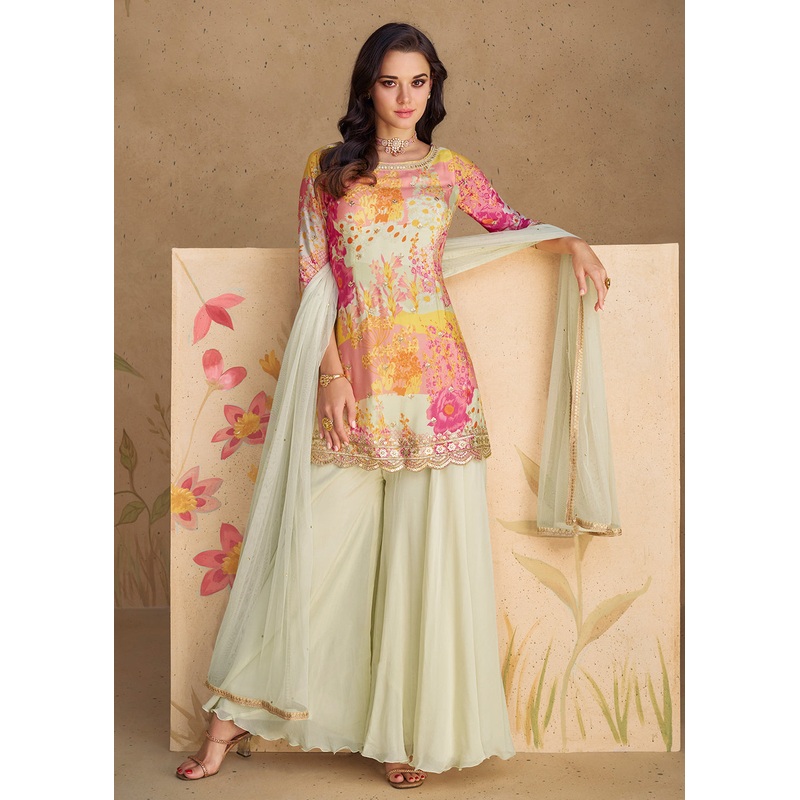 Festive Party Off White Real Chinnon Silk Palazzo Suit