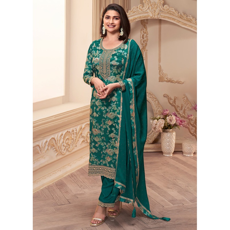 Green Digital Printed Chinnon Festive Salwar Kameez