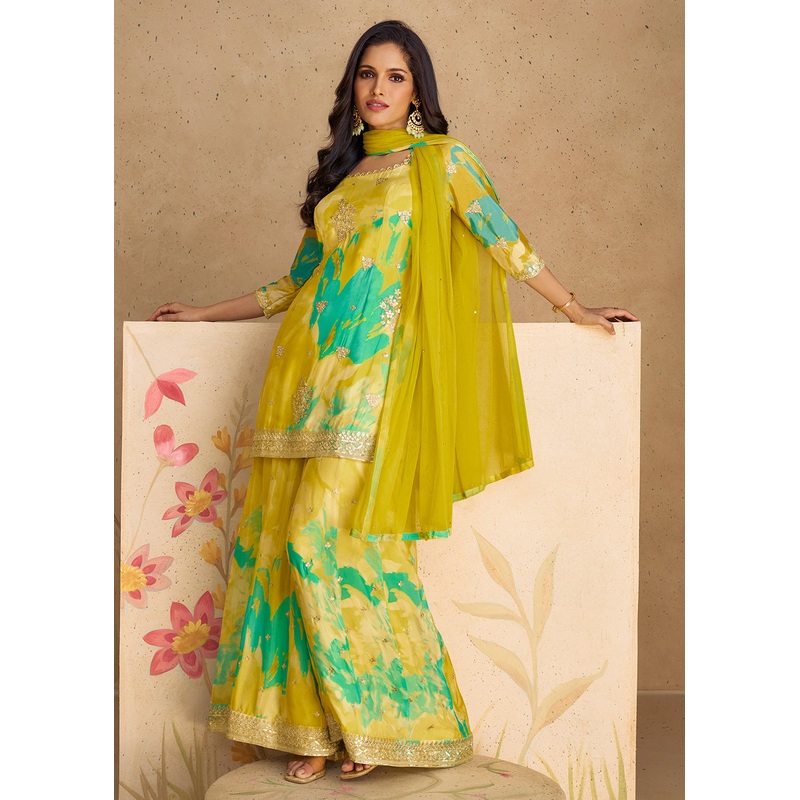 Green Festive Party Real Chinnon Silk Palazzo Suit