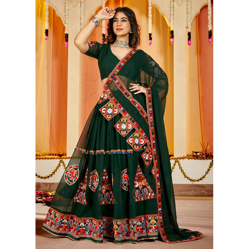 Green Gamthi Work Georgette Navratri Special Chaniya Choli