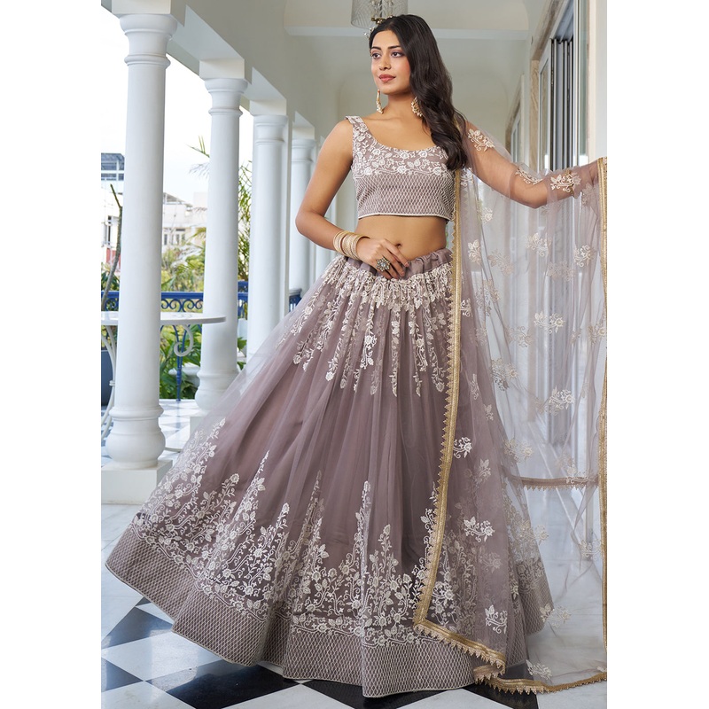 Greyish Brown Designer Embroidered Wedding Lehenga Choli