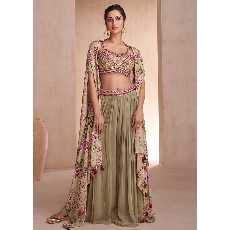 Indo Western Style Beige Party Wear Palazzo Suit