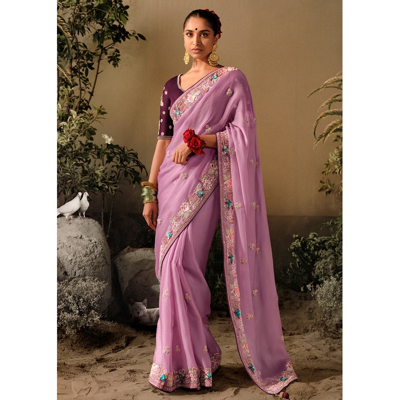 Lilac Pink Khatli Work Embroidered Designer Wedding Saree