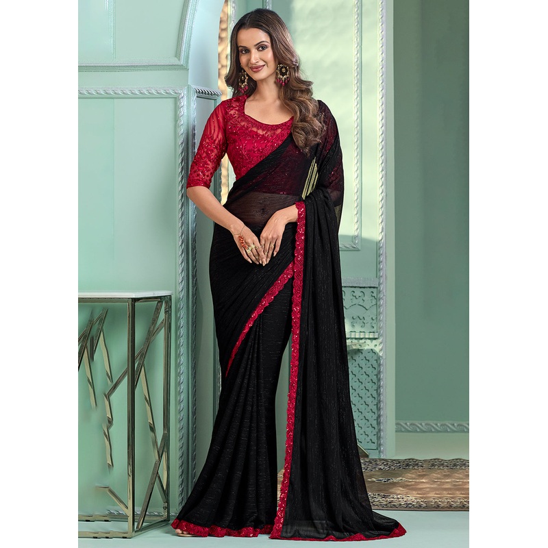 Lovely Black Chiffon Embroidered Wedding Party Wear Saree