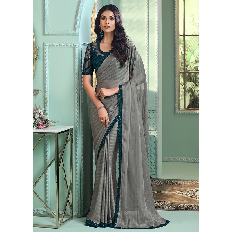 Lovely Grey Georgette Silk Embroidered Wedding Party Wear Saree