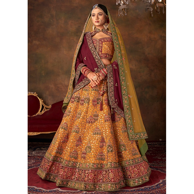 Lovely Mustard Heavy Handwork Silk Bridal Lehenga Choli