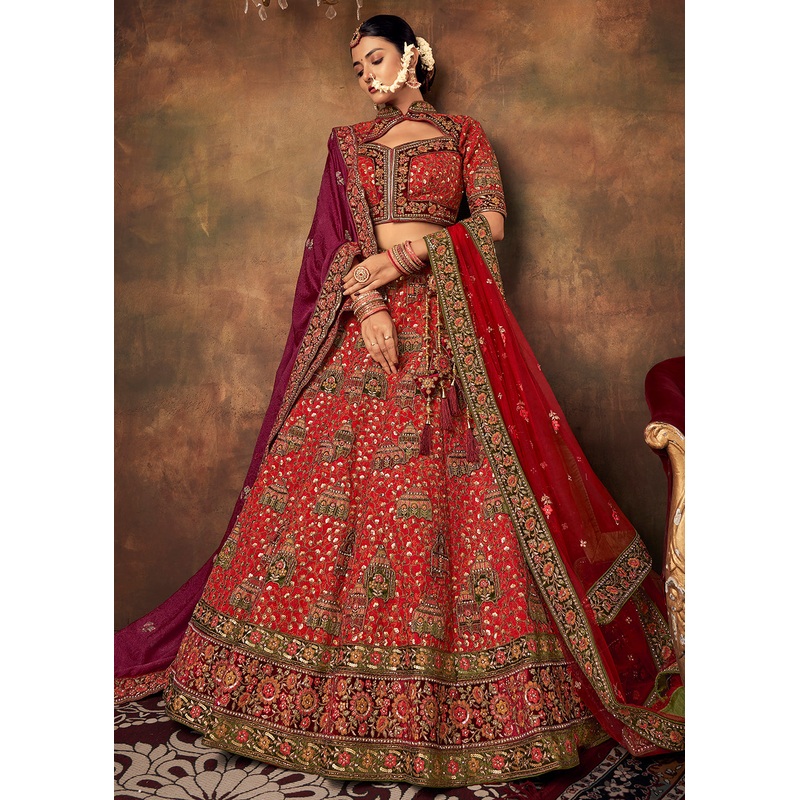 Lovely Red Heavy Handwork Silk Bridal Lehenga Choli
