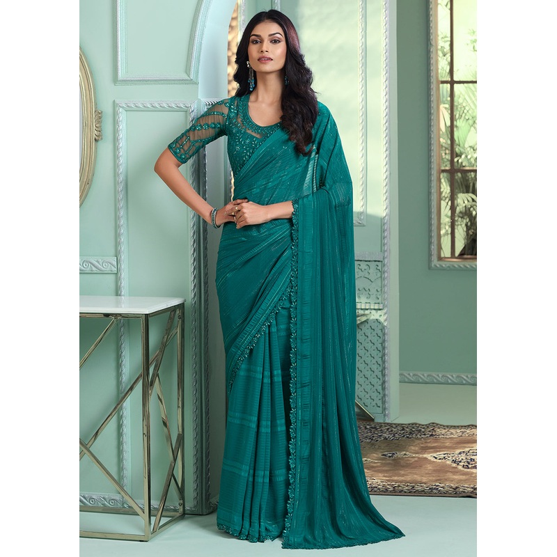Lovely Teal Blue Chiffon Embroidered Wedding Party Wear Saree