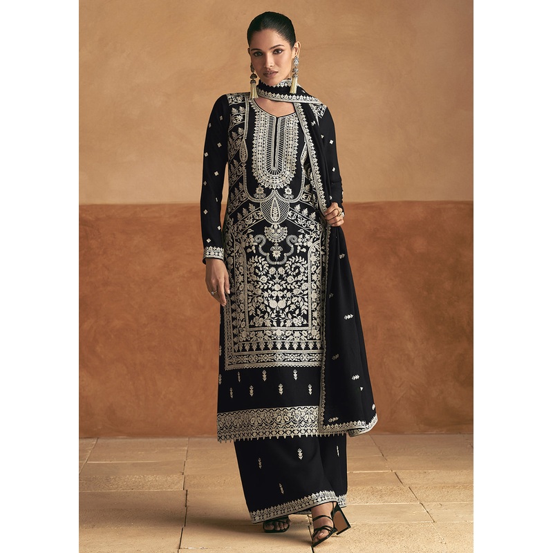 Lucknowi Style Embroidered Black Silk Palazzo Suit