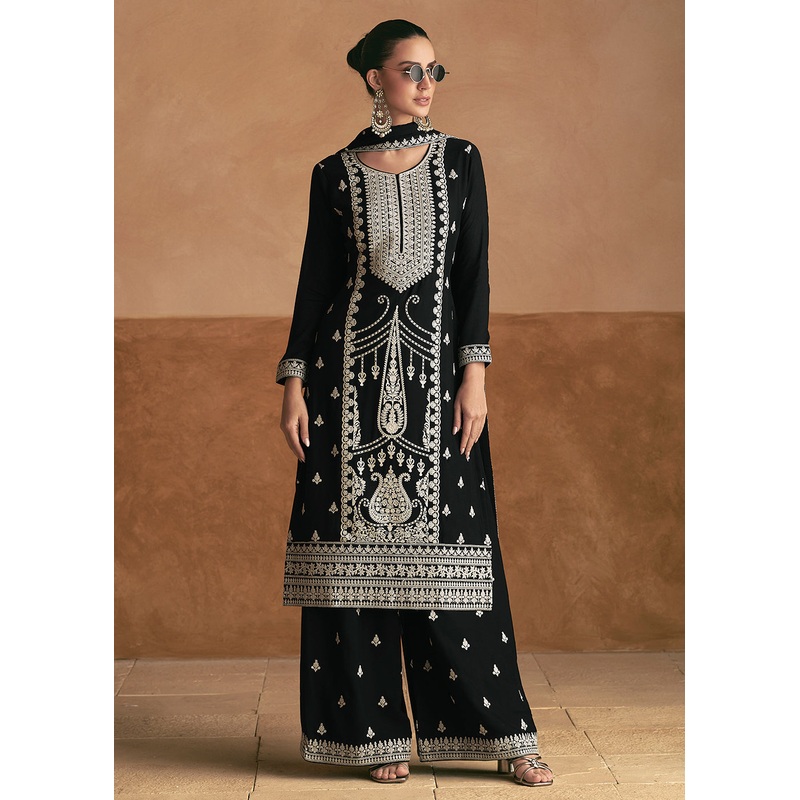 Lucknowi Style Embroidered Silk Black Palazzo Suit