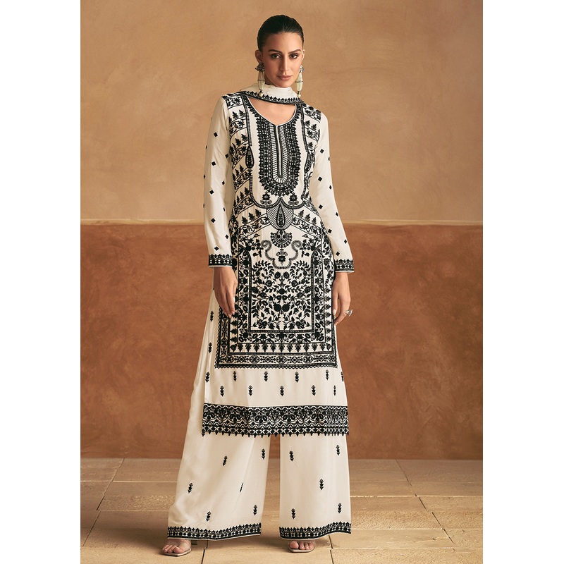 Lucknowi Style Embroidered Silk White Palazzo Suit