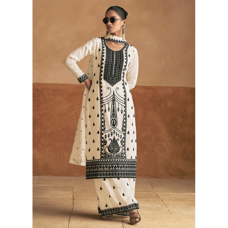 Lucknowi Style Embroidered White Silk Palazzo Suit