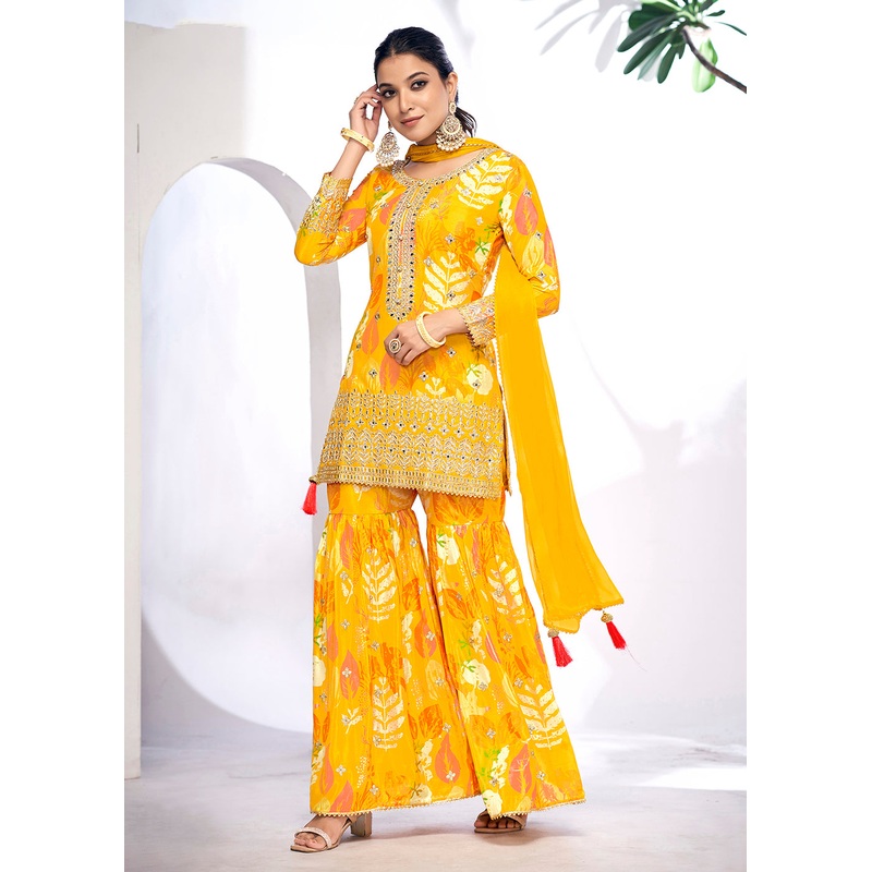 Maize Yellow Embroidered & Printed Festive Gharara Suit