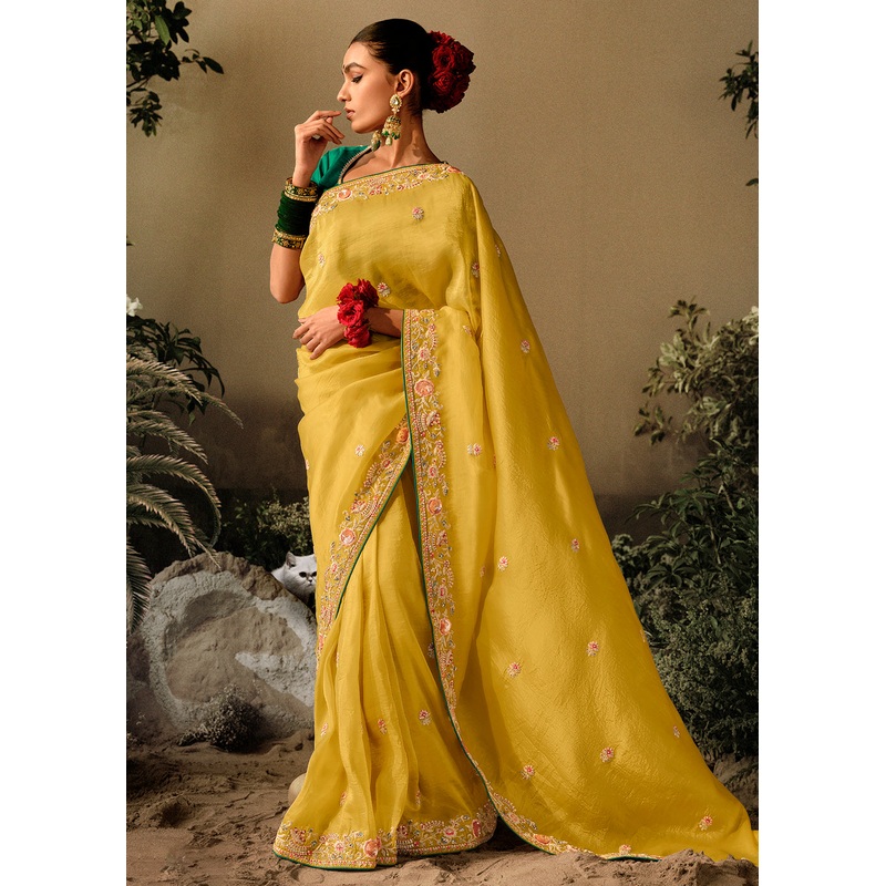 Maize Yellow Khatli Work Embroidered Designer Wedding Saree