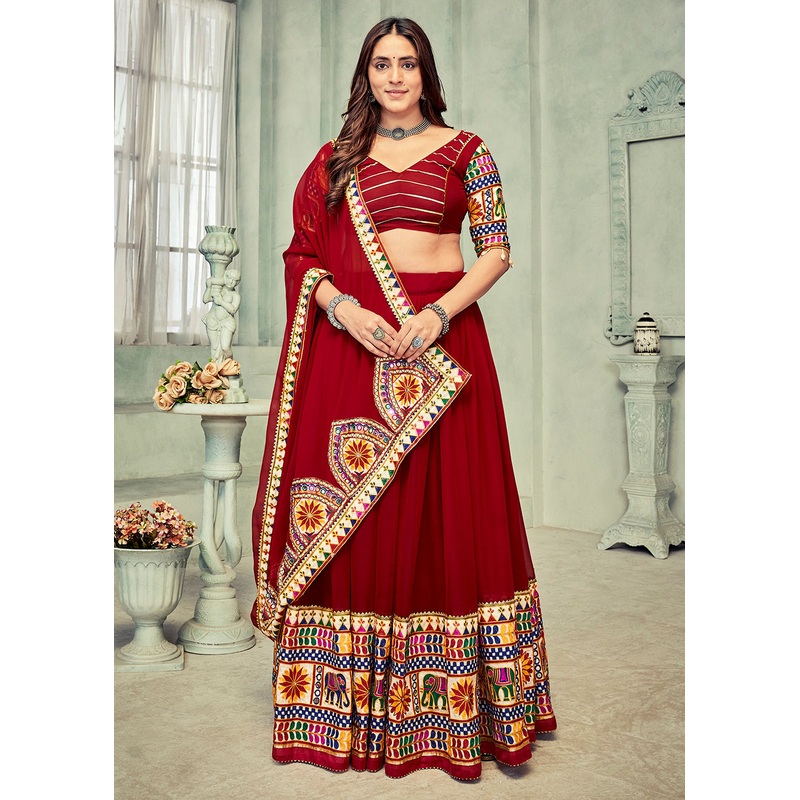 Maroon Gamthi Work Georgette Navratri Special Chaniya Choli