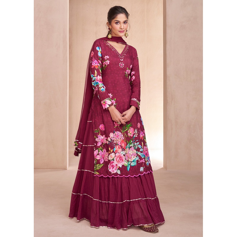 Maroon Pure Muslin Embroidered Lehenga Skirt Suit