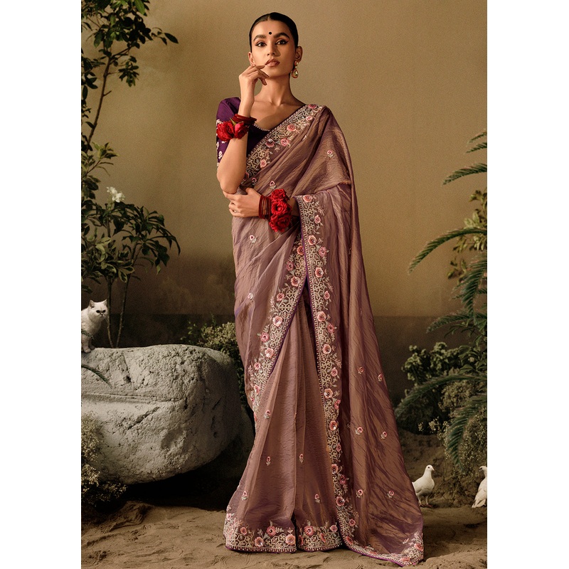 Mauve Taupe Khatli Work Embroidered Designer Wedding Saree