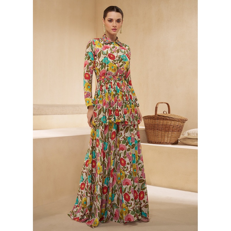 Multicolor Digital Printed & Embroidered Party Style Sharara Suit