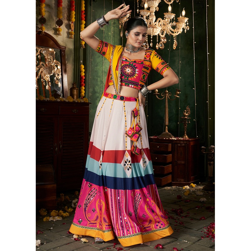 Multicolor White Mirror Work & Printed Chaniya Choli for Navratri