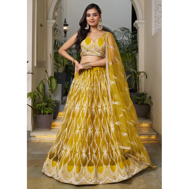 Mustard Designer Embroidered Wedding Lehenga Choli