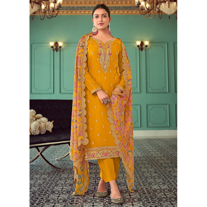 Mustard Real Georgette Embroidered Pant Style Sakwar Suit
